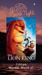 Movie Nigth Movie: The Lion King Movie Special: Pizza 2 beverages 1 brownie $16